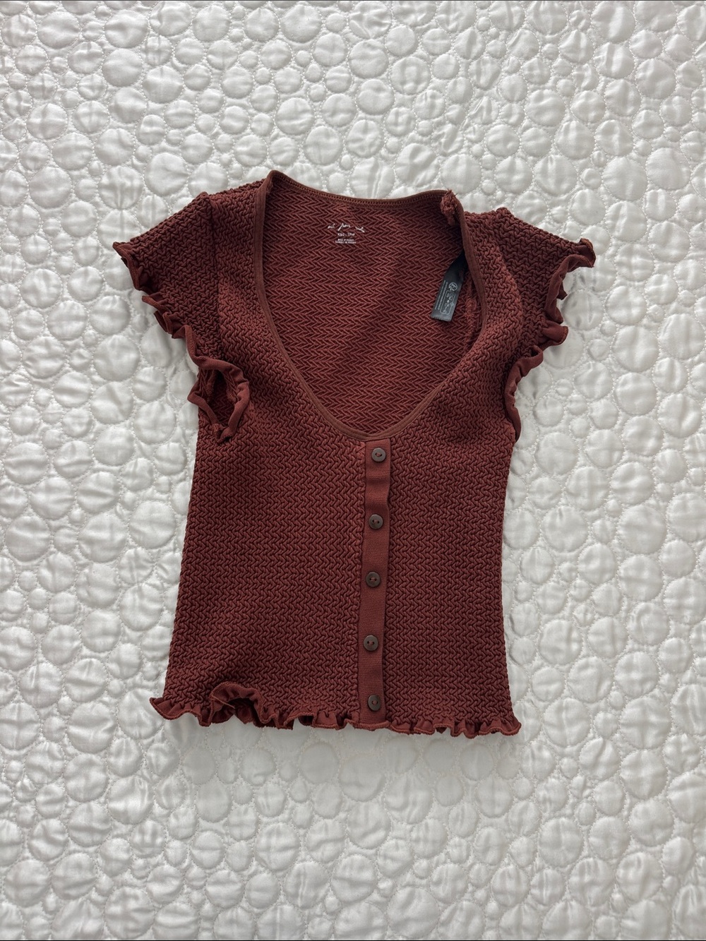 Urban Outfitters Ruffled Button-Front Knit Top in Brown Burgundy